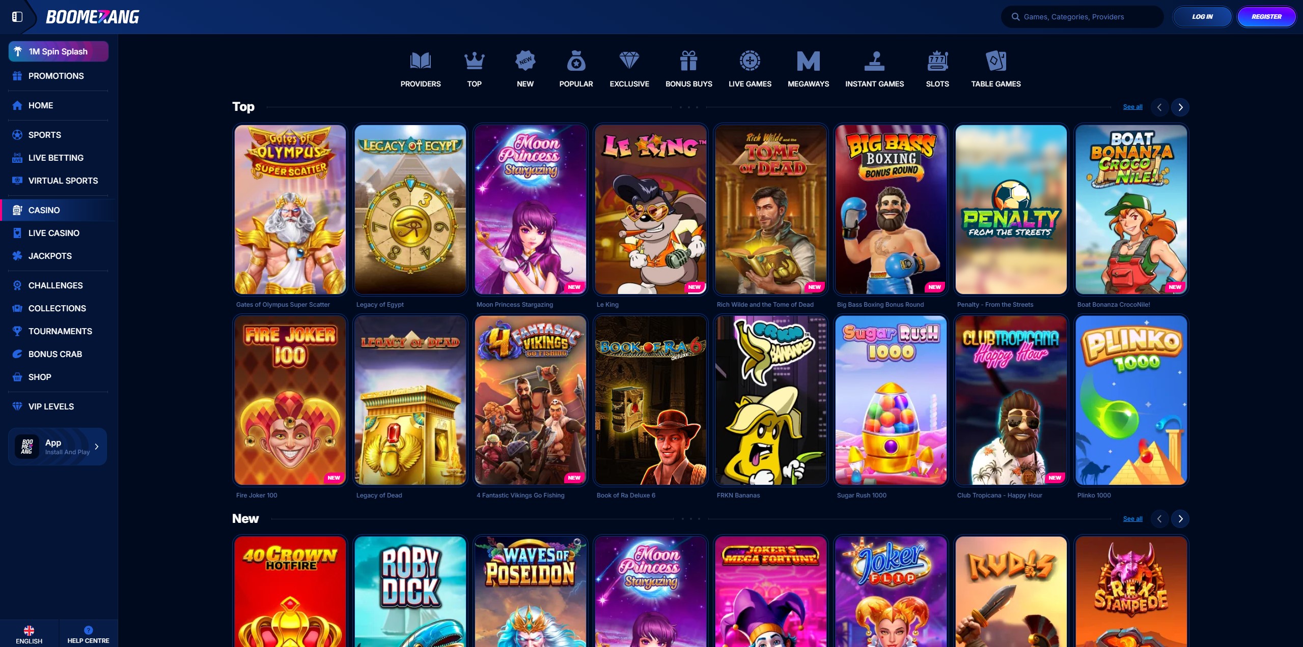Boomerang Casino game lobby